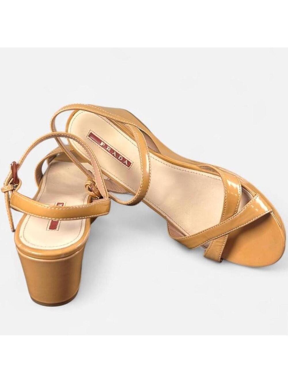 Prada Sport Tan Patent Leather Platform Sandals Size 37